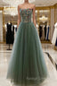 Gray Green Tulle Beaded Long Prom Dress, A-Line Evening Dress