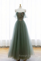 Gray Green Tulle Beaded Long Prom Dress, A-Line Evening Dress