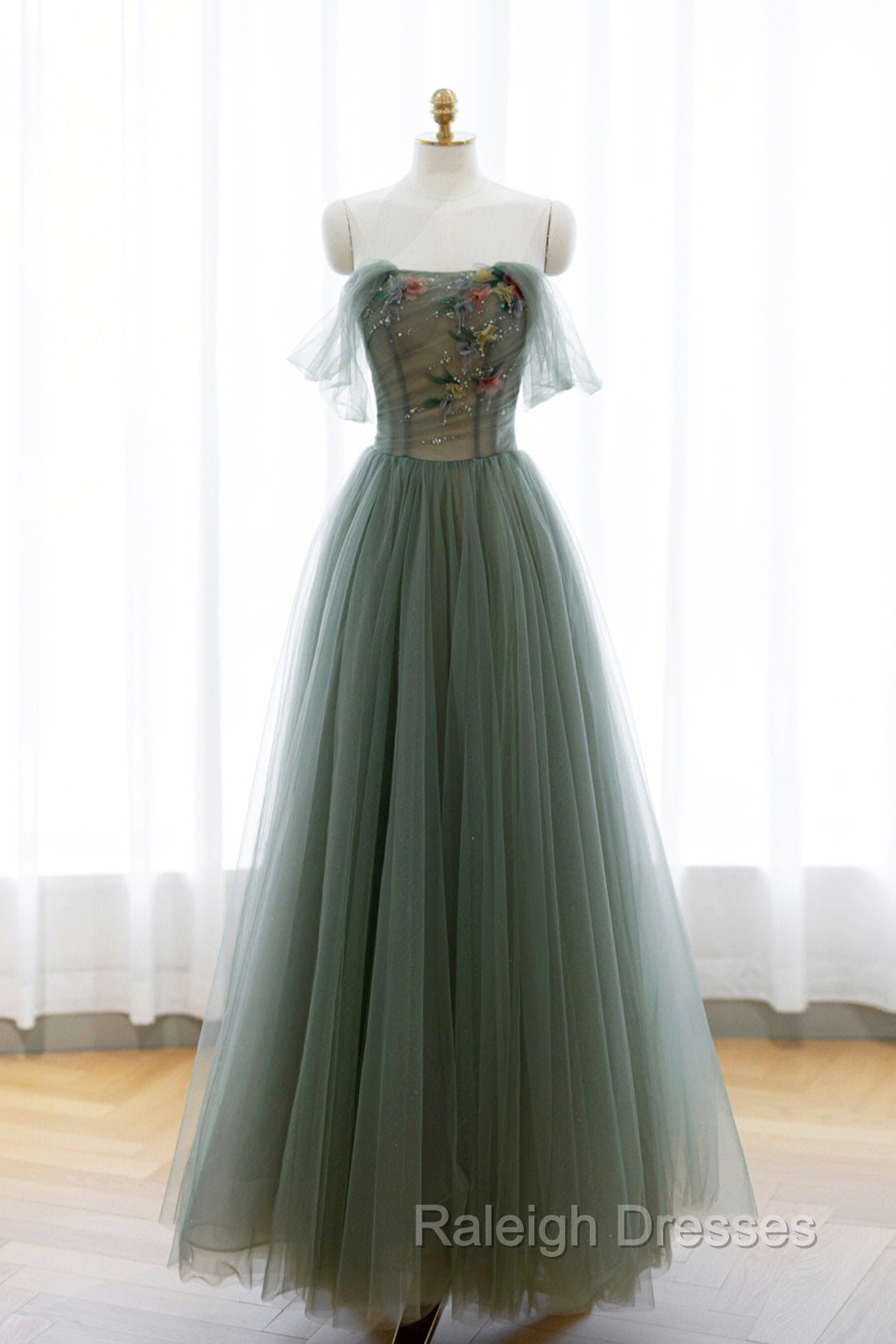 Gray Green Tulle Beaded Long Prom Dress, A-Line Evening Dress