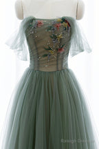 Gray Green Tulle Beaded Long Prom Dress, Beautiful A-Line Evening Dress