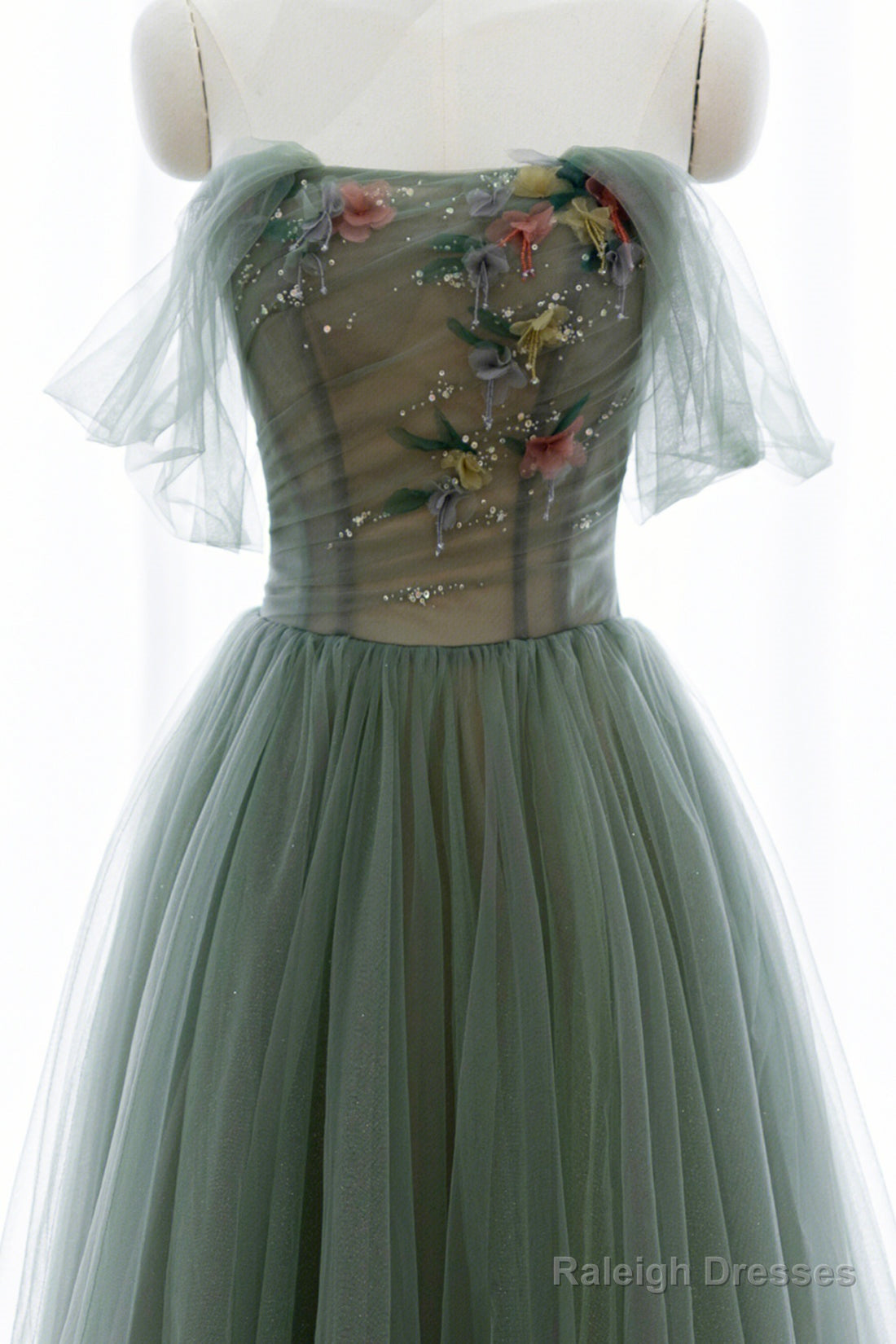 Gray Green Tulle Beaded Long Prom Dress, Beautiful A-Line Evening Dress