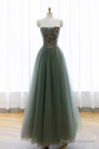 Gray Green Tulle Beaded Long Prom Dress, Beautiful A-Line Evening Dress