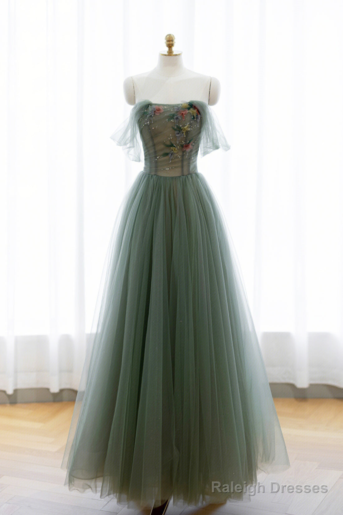Gray Green Tulle Beaded Long Prom Dress, Beautiful A-Line Evening Dress Main image