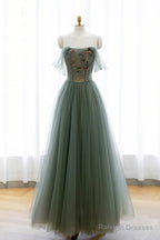 Gray Green Tulle Beaded Long Prom Dress, Beautiful A-Line Evening Dress