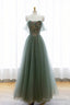 Gray Green Tulle Beaded Long Prom Dress, Beautiful A-Line Evening Dress