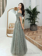 Gray Green Tulle Lace Long Prom Dress Gray Green Evening Dress