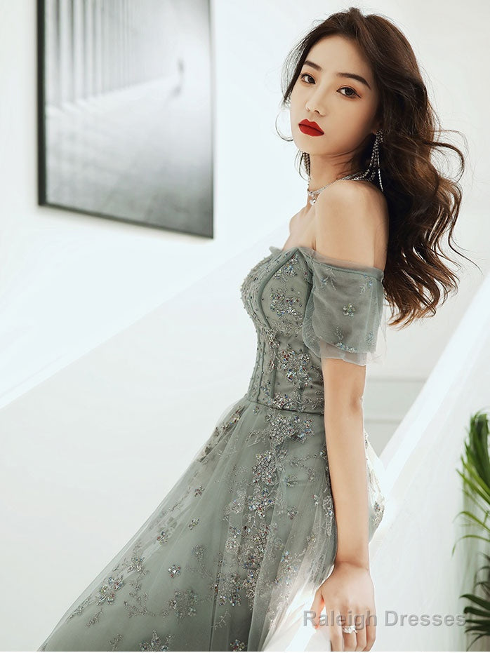 Gray Green Tulle Lace Prom Dresses Long Gray Green Prom Dresses