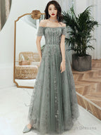 Gray Green Tulle Lace Prom Dresses Long Gray Green Prom Dresses
