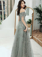 Gray Green Tulle Lace Prom Dresses Long Gray Green Prom Dresses