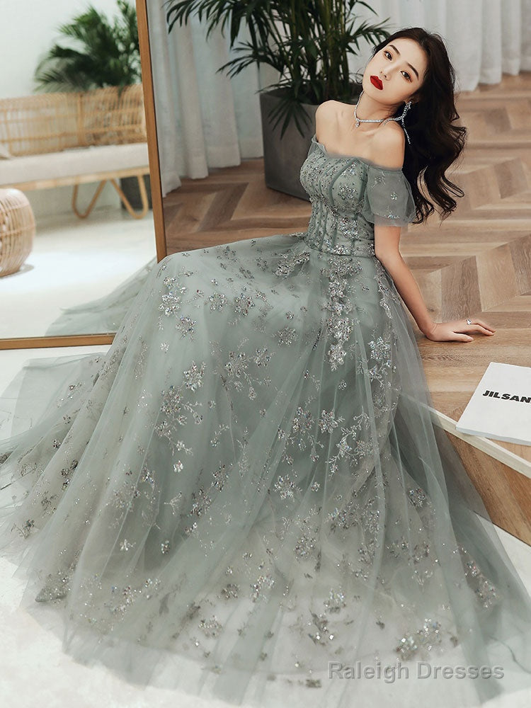 Gray Green Tulle Lace Prom Dresses Long Gray Green Prom Dresses
