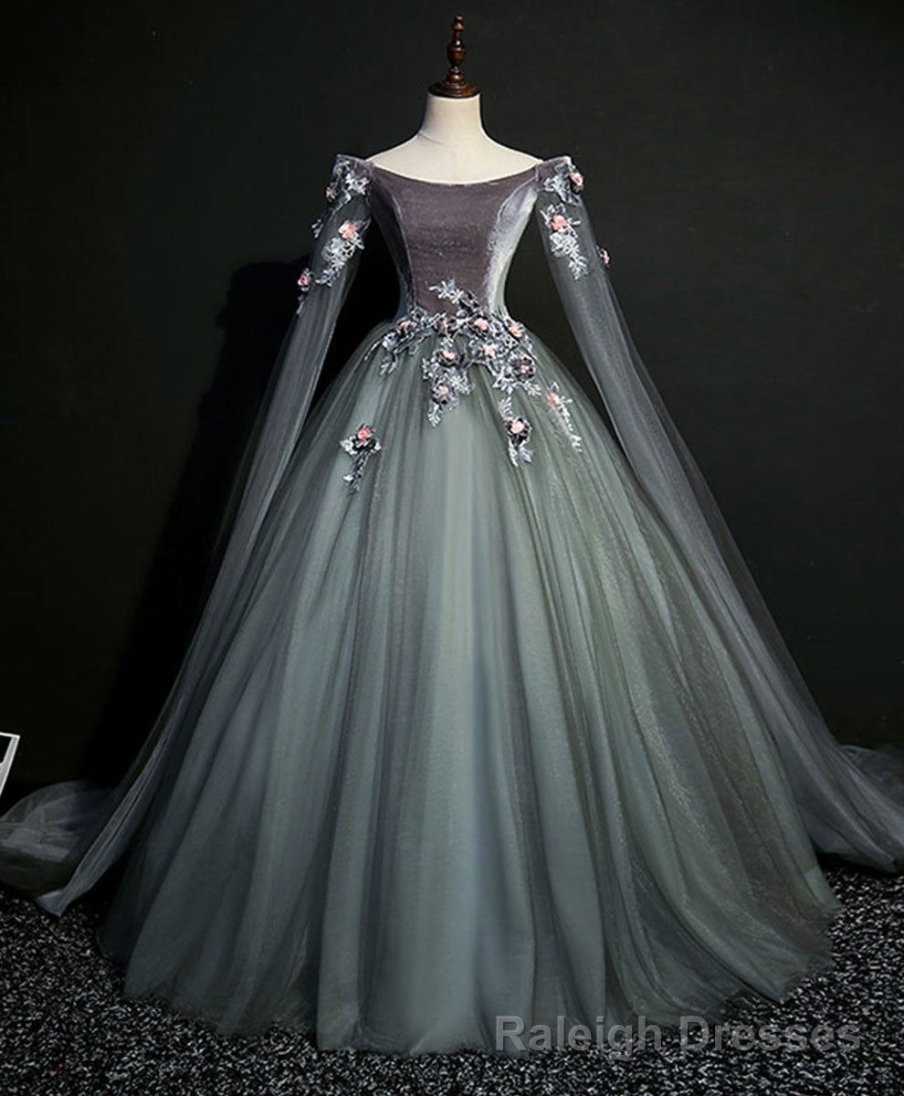 Gray Green Tulle Lace Long Prom Dress Gray Tulle Formal Dress