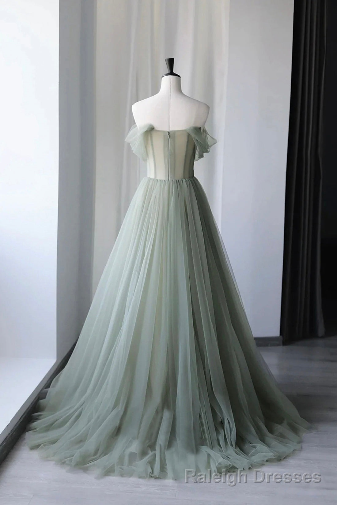 Gray Green Tulle Long Prom Dress, Lovely Off Shoulder A-Line Evening Dress Main image