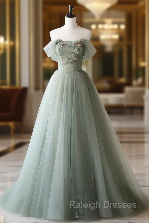 Gray Green Tulle Off Shoulder Long Prom Dress, Gray Green Formal Graduation Dresses Main image