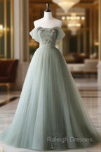 Gray Green Tulle Off Shoulder Long Prom Dress, Gray Green Formal Graduation Dresses
