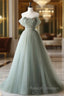 Gray Green Tulle Off Shoulder Long Prom Dress, Gray Green Formal Graduation Dresses