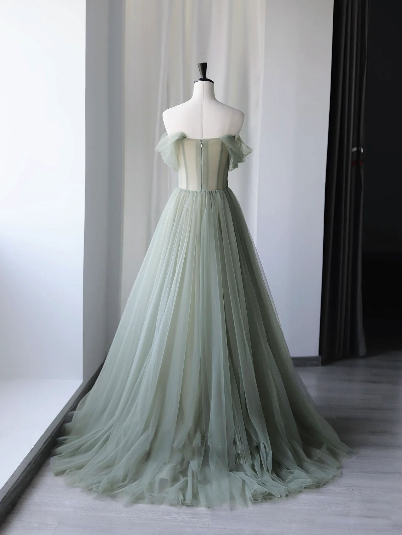 Gray Green Tulle Off Shoulder Long Prom Dresses Gray Green Prom Graduation Dress