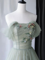 Gray Green Tulle Off Shoulder Long Prom Dresses Gray Green Prom Graduation Dress