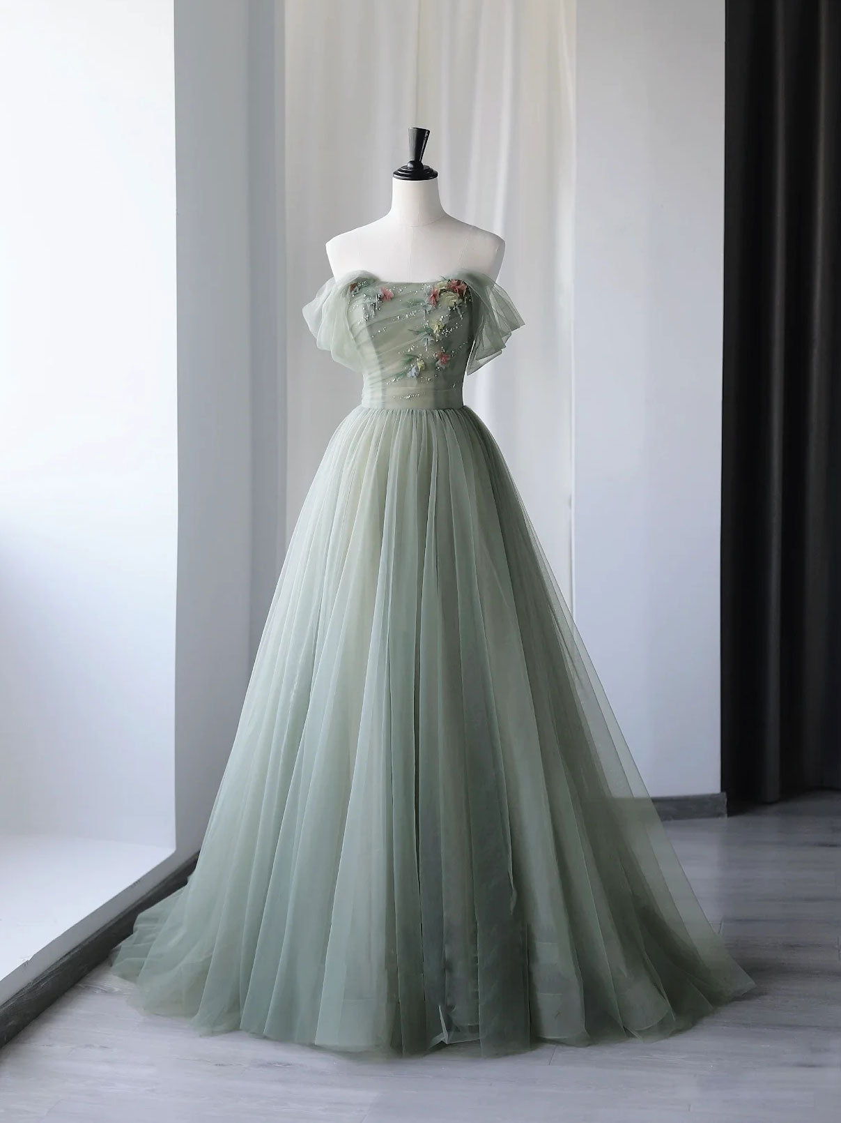 Gray Green Tulle Off Shoulder Long Prom Dresses Gray Green Prom Graduation Dress