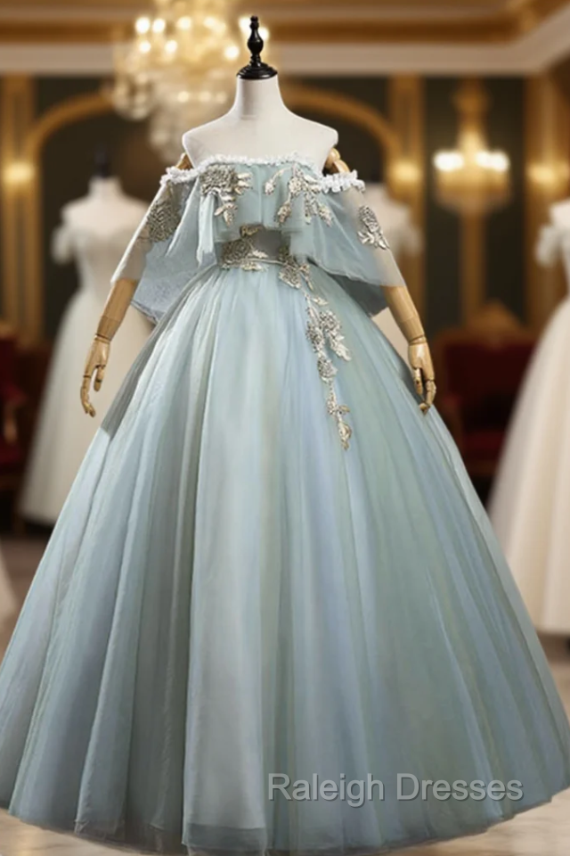 Gray Green Tulle Off the Shoulder Appliques Quinceanera Dress