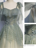 Gray Green Tulle Sequin Beads Long Prom Dress, Green Prom Dress