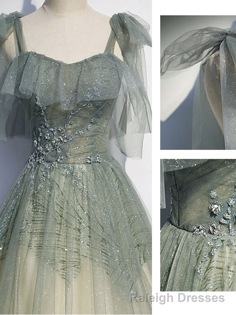Gray Green Tulle Sequin Beads Long Prom Dress, Green Prom Dress
