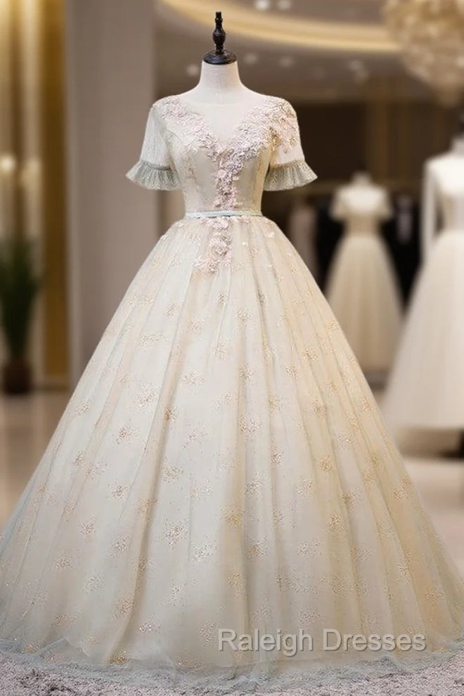 Gray Green Tulle Short Sleeve Appliques Beading Quinceanera Dress Main image