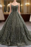 Gray Green Tulle Strapes Sequins Prom Dress