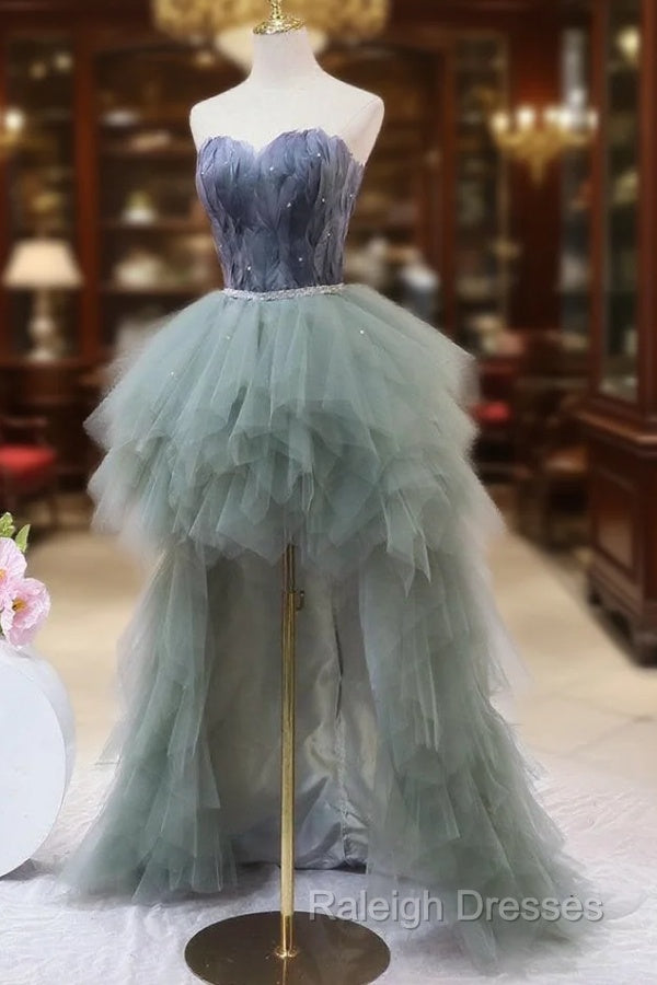 Gray Tulle Strapless Prom Dress
