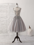 Gray High Neck Lace Chiffon Short Prom Dress Gray Bridesmaid Dress