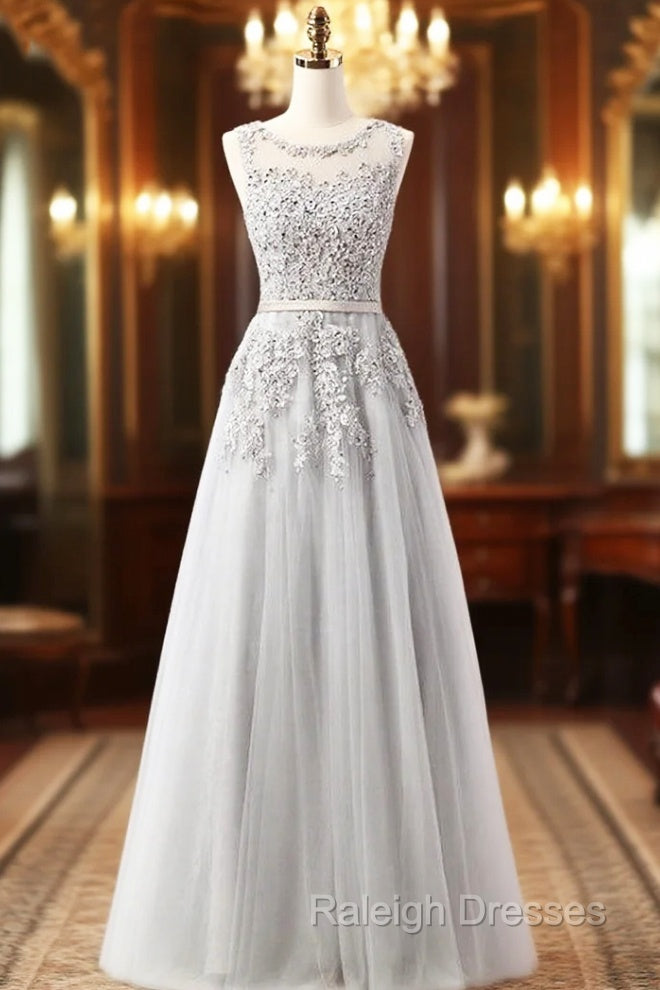 Gray Lace Beading Scoop Sleeveless Bridesmaid Dress