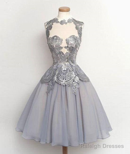 Gray Lace Chiffon Short Prom Gown, Homecoming Dress Main image