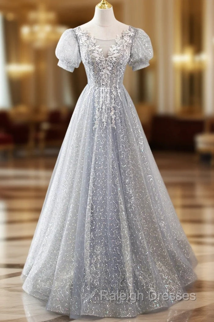 Gray Lace Long A-Line Prom Dress with Sequins, Cute Short Sleeve Evening Dress Main image