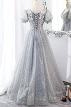 Gray Lace Long A-Line Prom Dress with Sequins, Cute Short Sleeve Evening Dress