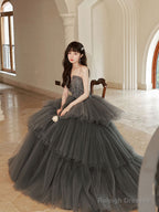 Gray Lace Long Prom Dresses, Lace Formal Gray Graduation Dresses