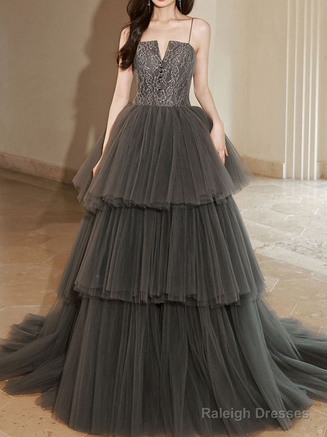 Gray Lace Long Prom Dresses, Lace Formal Gray Graduation Dresses Main image