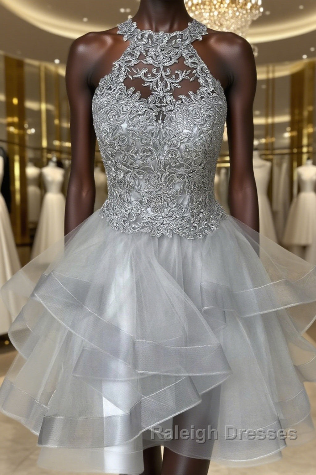 Gray Lace Short Prom Dresses, Fluffy Gray Lace Homecoming Dresses, Gray Formal Evening Dresses