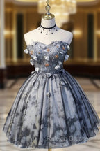 Gray Lace Strapless Short Prom Dresses A Line Sweetheart Neckline Prom Dresses