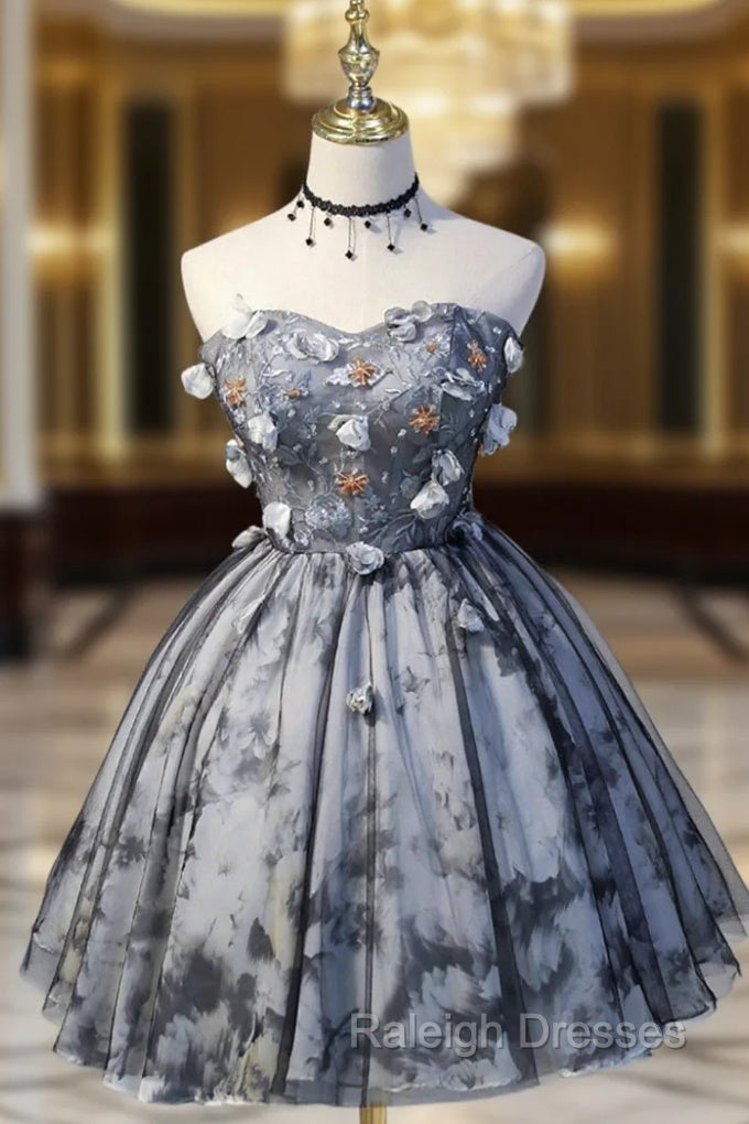 Gray Lace Strapless Short Prom Dresses A Line Sweetheart Neckline Prom Dresses