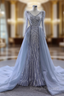 Gray Mermaid Long Sleeve Beading Prom Dress With Detachable Train