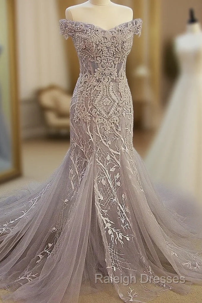 Gray Mermaid Off Shoulder Appliqued Lace Formal Prom Dress