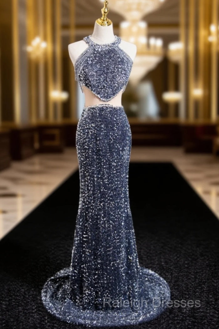 Gray Mermaid Sequins Halter Beading Prom Dress Main image