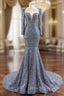 Gray Mermaid Sequins Pearls Long Sleeve Prom Dress
