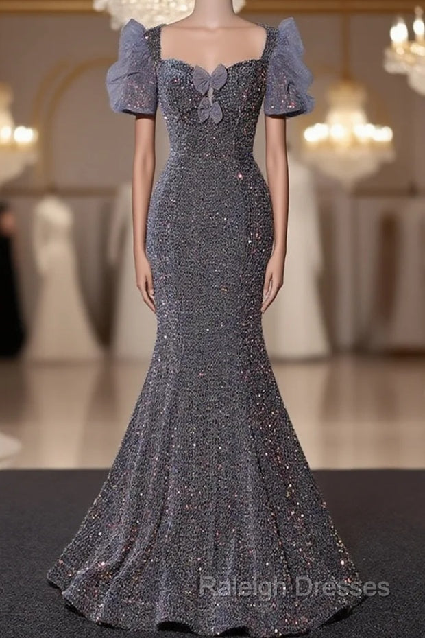 Gray Mermaid Sequins Short Sleeve Prom Dress