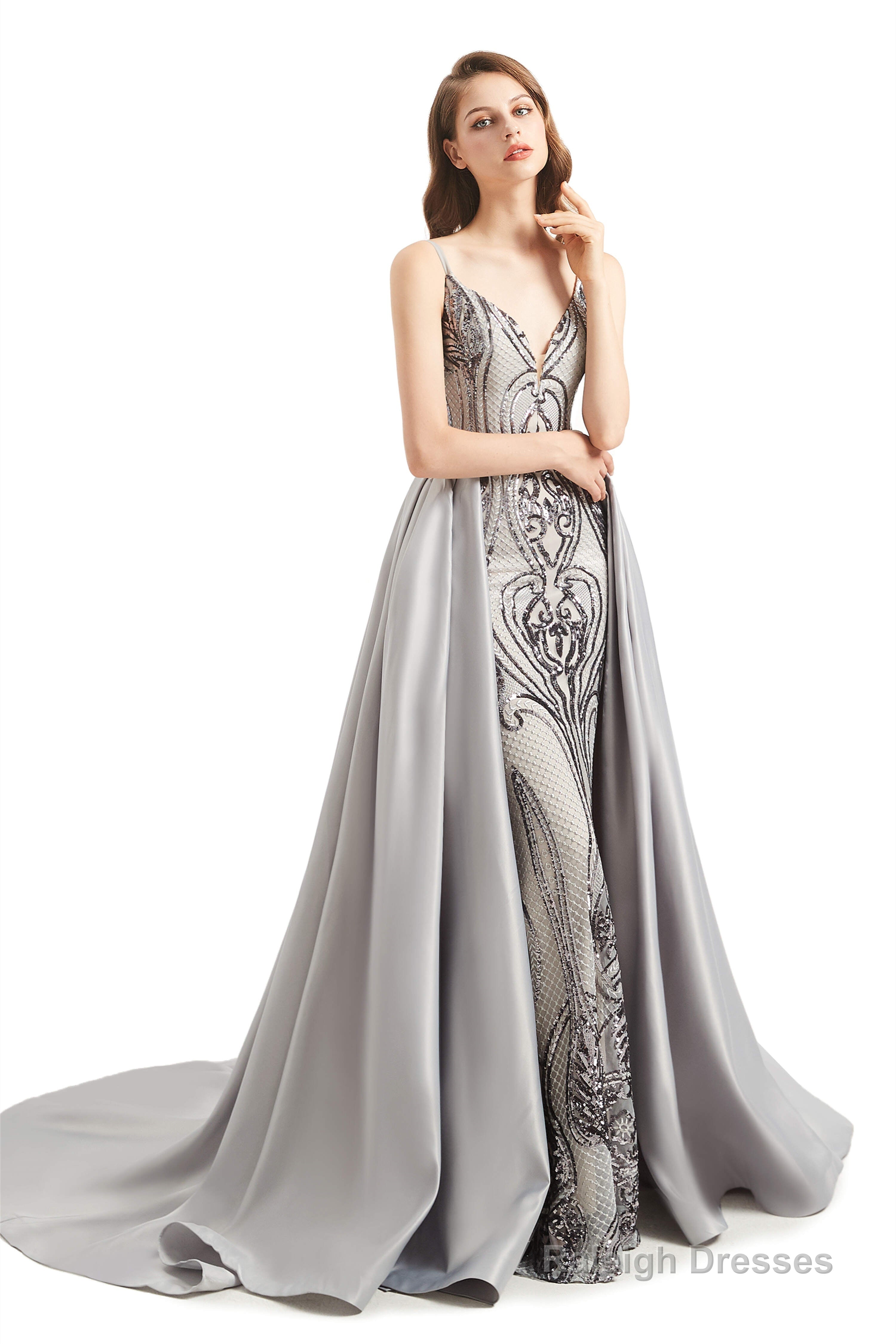 Mermaid Sequins Spaghetti Straps Prom Dresses With Detachable Train