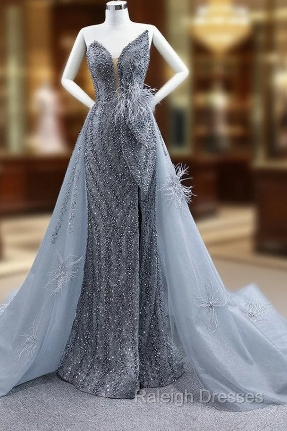 Gray Mermaid Sequins Strapless Pearls Feather Prom Dress Main image