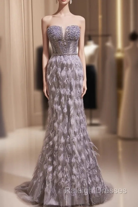 Gray Mermaid Strapless Feahther Beading Prom Dress Main image