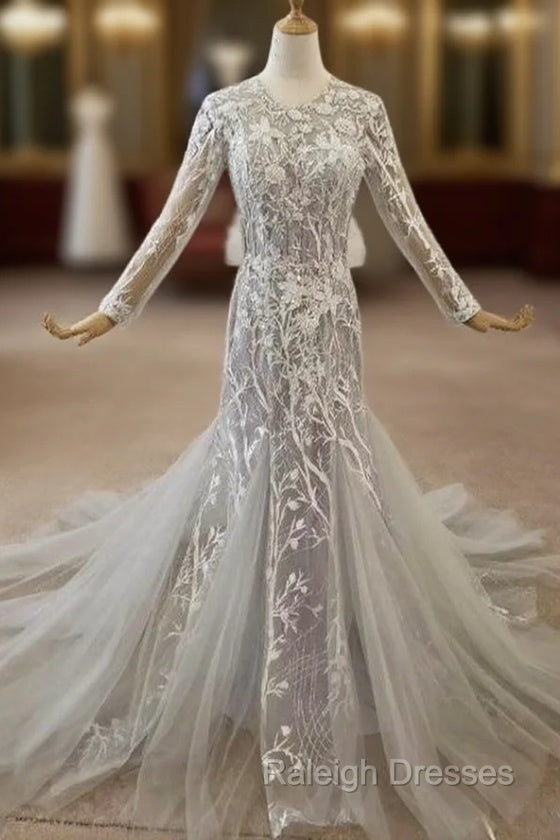 Gray Mermaid Tulle Lace Appliques Long Sleeve Prom Dress Main image