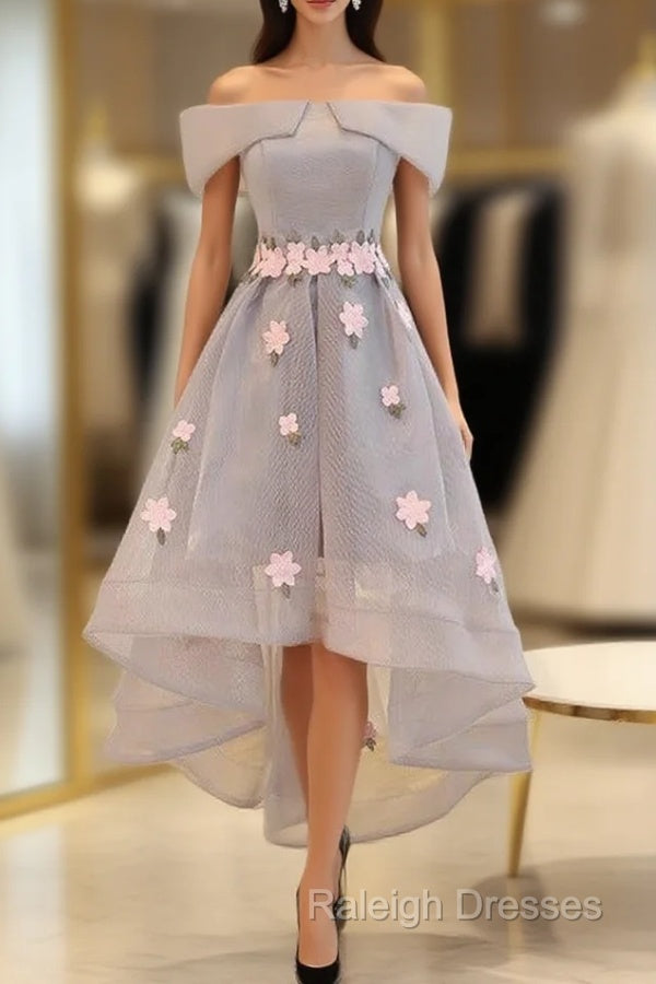 Gray Off the Shoulder  Flower Prom Dress Main image