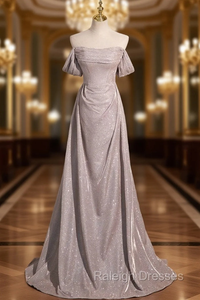 Gray Off the Shoulder Pleats Prom Dress