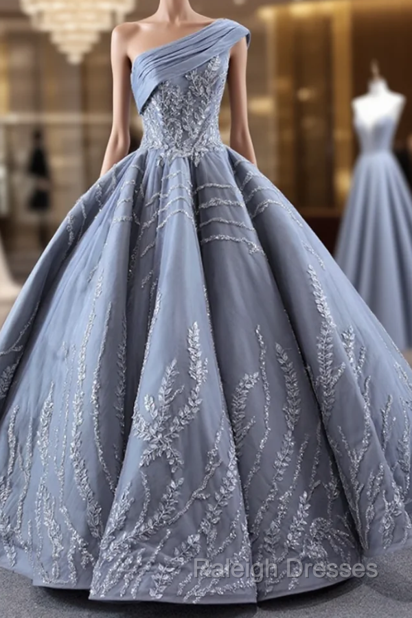 Gray One Shoulder Appliques Beading Prom Dress Main image